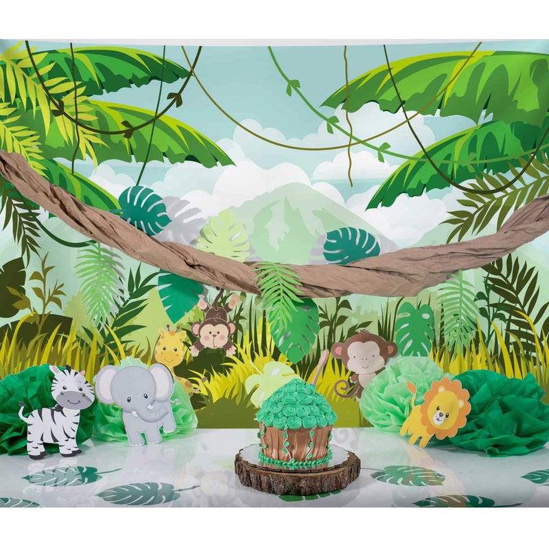 HABOKE Safari Birthday Decorations 7x5ft Ployester Fabric Photography Backdrop Green Spring Forest Jungle Party Background Banner Supplies Baby Shower Decorations - Image 3